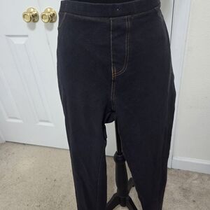 High-Waist Blue Stretch Pants with Contrast Stitching